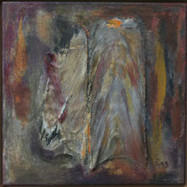 Titel Nr.4: Beziehungskiste Nr.1 Entstehungsjahr: 1995 Breite: 60 cm, Höhe: 60 cm Acryl, Pigmente, Palmfasern auf Leinen