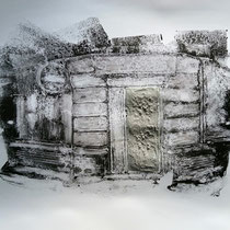 Quand les portes ne parlent plus # 9 - Monotype à l'encre noire taille-douce, gesso et ciment sur papier (200g) - 65 x 50 cm - 2020