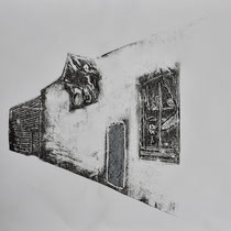 Quand les portes ne parlent plus # 17 - Monotype à l'encre noire taille-douce, gesso et ciment sur papier (200g) - 65 x 50 cm - 2024