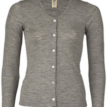 Cardigan in 70% merinowol (bio) en 30% zijde fijne rib, lichtgrijs melange, Engel, beschikbaar in de maten 34/36: 52,70 €; 38/40: 56,30 €; 42/44: 59.90 € en 46/48: 63,50 €