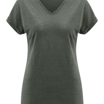 T-shirt Ava in 100% bio-linnen jersey, khaki, Living Crafts, beschikbaar in de maten XS, M en L, prijs: 39,99 €