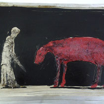 Parzival und Gringolet, Vliesbild auf Metall, 2010, (60 x 80 cm)