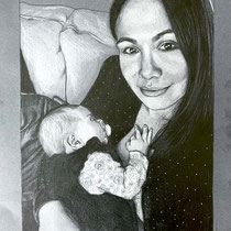 Mère et son bébé, pastel et crayons graphites sur papier gris, 32x24 cm, réalisé par Natacha Zenatti