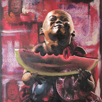 Petit moine à la pastèque, huile, acrylique et collages sur toile, 65x50 cm, portrait de voyage réalisé par Natpalette (à retrouver dans la BOUTIQUE)