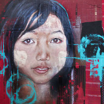 Birmane aux joues tanakha, acrylique sur tissus, 62x74 cm, portrait de voyage réalisé par Natpalette (VENDU)
