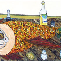 Das Frühstück der Ruderer,   Öl auf Leinwand,  45x150cm,  2004