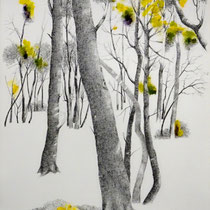 Burgund Wald | 2021 | Tusche / Ölfarbe auf Papier | 40 x 30 cm