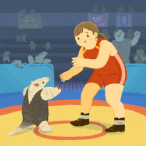 コアリクイvsレスリング選手(2022) デジタルで制作。コアリクイの柄はレスリングのユニフォームっぽくてかわいいです。アリクイ大学の選手のようです。