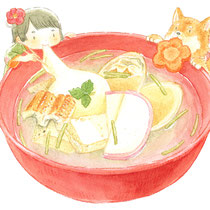 年賀状(2018) 祖母が毎年作ってくれるお雑煮が好きで描きました。はまぐりからとった出汁で穴子とほうれん草などなど入っていて最高です。