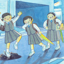 部活帰り(2022) 秋の雨上がりの18時ごろの中学生たち(美術部)の部活帰りです。