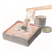 そば(2017) 自主制作のイラスト集「つめたいたべもの」の中の1枚です。エプロンをしているのでこの子はきっと店員です。