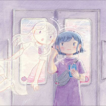 おばけミーツガール(2019) 自主制作のイラスト集の表紙です。おばけの女の子が右の女の子にちょっかいをかけるお話です。