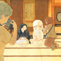 足がしびれたお嫁さん(2022) 結婚式の前撮りをイメージして描きました。正座が長くて次のポーズに移れないお嫁さんです。