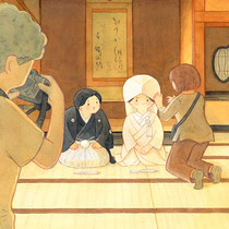 足がしびれたお嫁さん(2022) 結婚式の前撮りをイメージして描きました。正座が長くて次のポーズに移れないお嫁さんです。