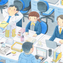もくもくとお仕事(2023)働く人々シリーズです。事務職も営業も生産管理の人もみんな近くに座っている小さめの会社です。