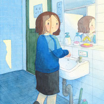 お手洗いにて(2023)働く人々シリーズです。トイレの窓から光が入ってきて、天気いいし出かけたいなぁと現実逃避をしています。