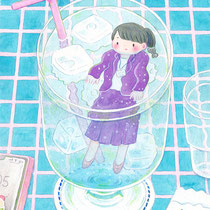 ゆらゆらソーダ(2022) 揺れる水中を描きたくて描きました。会社帰りの疲れた女の子がゆるりとしているイメージです。