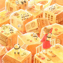 麻婆豆腐の街(2021) 麻婆豆腐を九龍城砦のようなイメージで描きました。女の子と背中のパンダは奥のパンダ親子の家に招待されています。