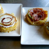 Timbales de jamón, queso de cabra,...