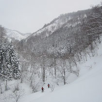 林道の終点から沢を徒渉。大雪でスノーブリッジあり問題なしです。