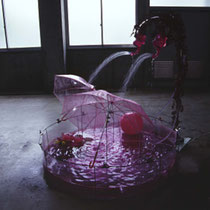 Possibility of Sculpture　H 190 × 200 × 200cm　Iron,Vinyl chloride,Water pump,Vinyl tube,Artificial ivy,Watering can,Vinyl umbrella,Beach ball,Bath additive,Plastic toy　2002