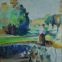 Frau am Ententeich nach Pissarro, Acryl auf Leinwand, 80 x 100 cm