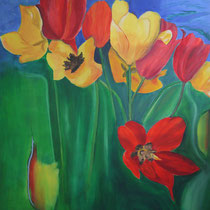 gelbe und rote Tulpen, Acryl auf Leinwand, 100 x 120 cm