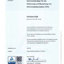 Re-Zertifikat 2021 Sachverständiger für die Erkennung und Bewertung von Schimmelpilzschäden (TÜV)