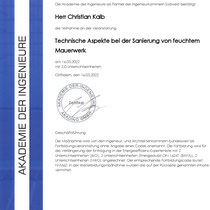 Teilnahmebescheinigung Technische Aspekte bei der Sanierung von feuchtem Mauerwerk 