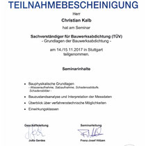 Teilnahmebestätigung Grundlagen der Bauwerksabdichtung (TÜV)