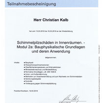 Teilnahmebescheinigung Schimmelpilzschäden in Innenräumen (TÜV Rheinland) 