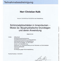 Teilnahmebescheinigung Schimmelpilzschäden in Innenräumen (TÜV Rheinland) 