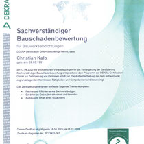 Re-Zertifikat 2023 DEKRA zertifizierter Sachverständiger für Bauschadenbewertung - Bauwerksabdichtungen 