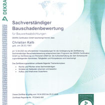 Re-Zertifikat 2023 DEKRA zertifizierter Sachverständiger für Bauschadenbewertung - Bauwerksabdichtungen 