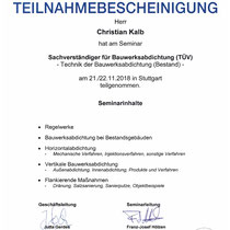 Teilnahmebestätigung Bauwerksabdichtung Bestand (TÜV)