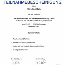 Teilnahmebestätigung Bauwerksabdichtung Neubau (TÜV)
