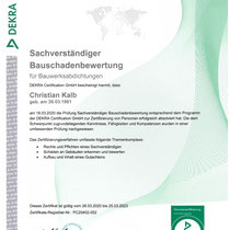 Zertifikat DEKRA zertifizierter Sachverständiger für Bauschadenbewertung - Bauwerksabdichtungen 
