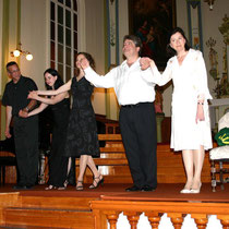 De gauche à droite : Normand Croteau - animateur, Pascale Verstrepen - piano, Karine Michon - soprano, Desmond Byrne - baryton et Claire Cloutier - soprano