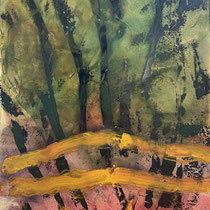Patrick Baillet, peinture abstraite végétale aux formes d’arbres stylisés, tons verts et jaunes sur fond rosé, art contemporain – Galerie Gabel, Biot