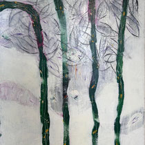 Patrick Baillet, peinture abstraite végétale avec troncs stylisés verts et feuillages esquissés, art contemporain – Galerie Gabel, Biot