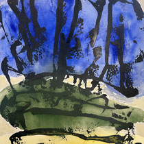 Patrick Baillet, peinture abstraite végétale évoquant un paysage d’arbres noirs sur fond bleu et vert, art contemporain – Galerie Gabel, Biot