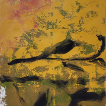 patrick baillet, tableau jaune, abstrait, couleur moutarde, abstraction vegetale, galerie d'art, galerie d'art cote d'azur, galerie alpes maritimes 