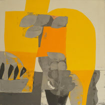 Peinture abstraite de Keiko Gonzales aux formes géométriques noires, jaune, orange, gris, composition énergique, lumineuse et contrastée – Galerie Gabel, Biot