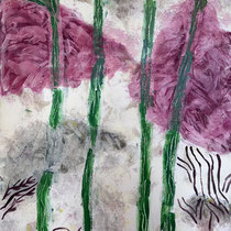 Patrick Baillet, peinture abstraite végétale aux formes florales roses et troncs verts stylisés, art contemporain – Galerie Gabel, Biot