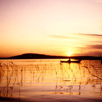 Der frühe Vogel fängt den...Genießen Sie entspanntes Angeln im Boot beim Sonnenaufgang in den Schilfzonen der 3km breiten Bucht vor dem Haus. Im Hintergrund der 1,5 km vom Haus entfernte "Berg" mit Aussichtsturm der Insel Päijätsalo bei Sonnenaufgang