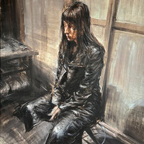 alessandro papetti, "ritratto nello studio", 2000, 198 x 118 cm, oil on canvas – erlas galerie