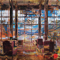 dénesh ghyczy, "lakeside lodge", 2021, 140 x 160 cm, oil & acrylic on canvas – erlas galerie