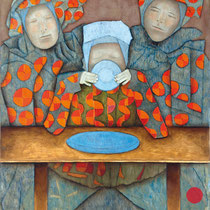 michou hutter, "bei tisch", 2016, 80 x 60 cm, oil on cardboard – erlas galerie