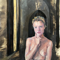 raffaella busdon, "una nuova luce 2", 2023, 92 x 65 cm, oil & gold leaf on polyacetat – erlas galerie