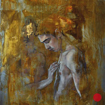 raffaella busdon "interaction 06 nikolas", 2019, öl auf oxidiertem eisen, 100 x 66 cm – erlas galerie
